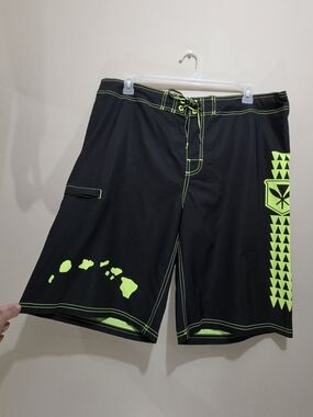 Wailoa Hawaii Board Shorts Black Neon Green Surf Swim Trunks Men’s Aprox XL